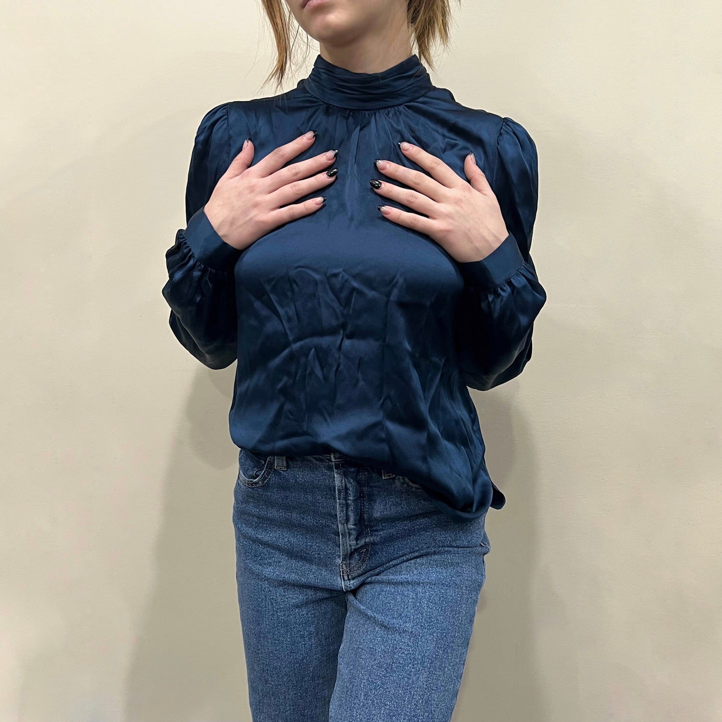 Vintage Satin Blue Tie Blouse