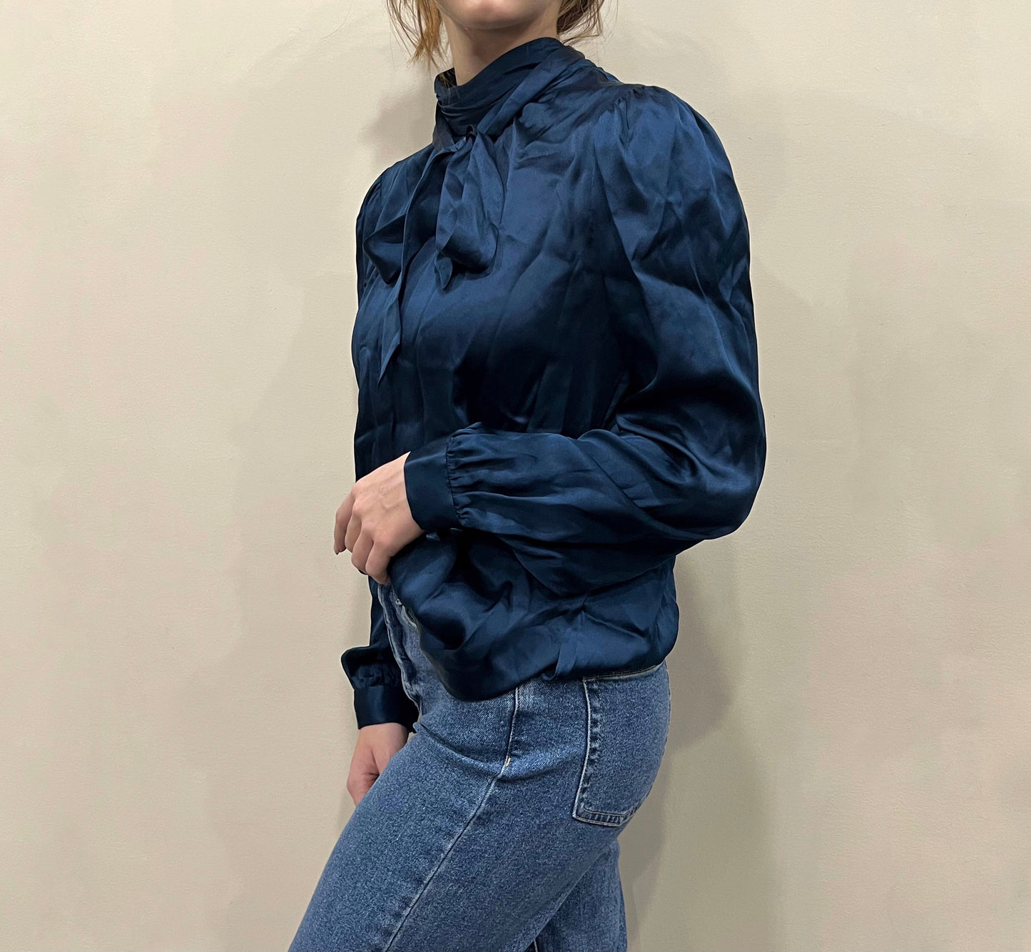 Vintage Satin Blue Tie Blouse